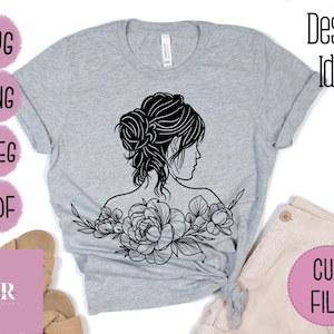 Floral woman SVG. Woman cut file. Woman sillouhette SVG. Messy bun SVG. Floral woman cut file. Vinyl cutting. T-shirt print.