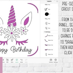 May include: A digital design featuring a purple unicorn with flowers and the text "Happy Birthday". The design is pre-sized to fit Cricut S40 cards.