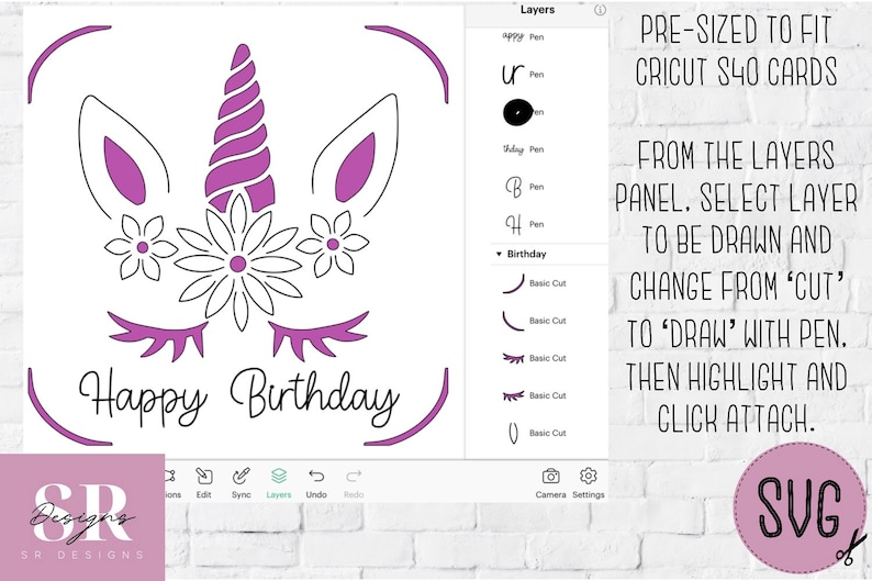 May include: A digital design featuring a purple unicorn with flowers and the text "Happy Birthday". The design is pre-sized to fit Cricut S40 cards.
