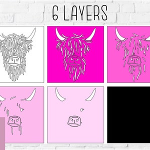 Puede incluir: Un archivo de dise&ntilde;o digital para un archivo de corte SVG en capas de una cabeza de vaca de las Tierras Altas. El dise&ntilde;o est&aacute; en blanco y negro y tiene 6 capas. La imagen muestra el dise&ntilde;o en diferentes etapas de finalizaci&oacute;n.