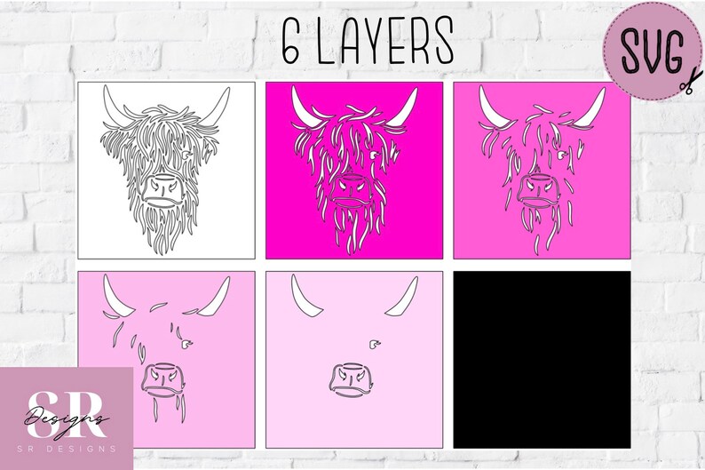 Puede incluir: Un archivo de dise&ntilde;o digital para un archivo de corte SVG en capas de una cabeza de vaca de las Tierras Altas. El dise&ntilde;o est&aacute; en blanco y negro y tiene 6 capas. La imagen muestra el dise&ntilde;o en diferentes etapas de finalizaci&oacute;n.