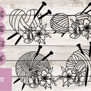 Numérique : Tricoter SVG. Fil svg. Tricoter le svg de laine. Tricot floral. Paquet à tricoter. Images numériques. SVG, PNG, jpeg, pdf.