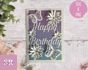 SVG: 3D/ ‘pop up’ Flower Birthday card digital download. Happy birthday. Pop up card. Pop up flowers. 3D butterfly. SVG/PNG