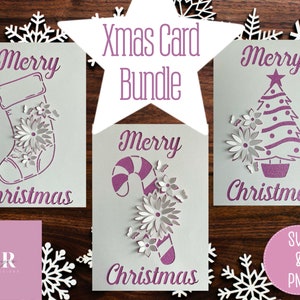 SVG: 3D/ ‘pop up’ Christmas card bundle. 3 designs. Candy cane. Christmas tree. Stocking. Merry Christmas. Pop up card. Pop up svg. SVG/PNG.