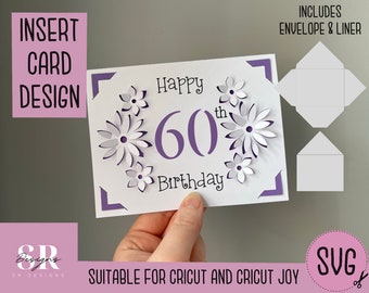 SVG: 60th Birthday insert card. Cricut friendly. Draw and cut card design. Envelope template included. Cricut Joy Birthday card SVG