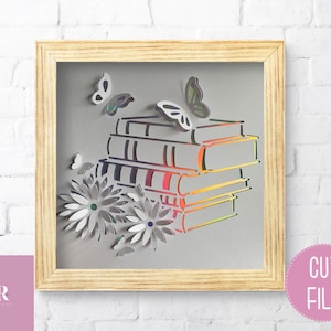SVG: &#39;pop up&#39;/ 3D Bücher. Pop up Blumen. Buch svg. Einfach ein Mädchen, das Bücher liebt. Digitaler Download. Papierschnitt.