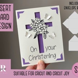 SVG: cartão de inserção de batizado 3D. Cricut Joy amigável. Desenhe e corte o design do cartão. Modelo de envelope incluído. Cartão de batismo Cricut Joy SVG