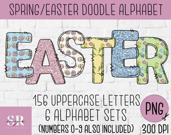 Könnte beinhalten: Ein Satz mit 156 Großbuchstaben und 6 Alphabetsätzen im PNG-Format, mit einem Doodle-Stil zum Thema Ostern. Die Buchstaben sind mit Pastellfarben und Mustern verziert, darunter Eier, Blumen und Hasen. Der Text "EASTER" wird in großen Buchstaben angezeigt und zeigt den Designstil. Die Zahlen 0-9 sind ebenfalls enthalten.