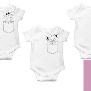 May include: Three white baby onesies with different animal designs in the pocket. The onesies have short sleeves and popper fastenings. The animals are a cat, a koala, and a lion.
