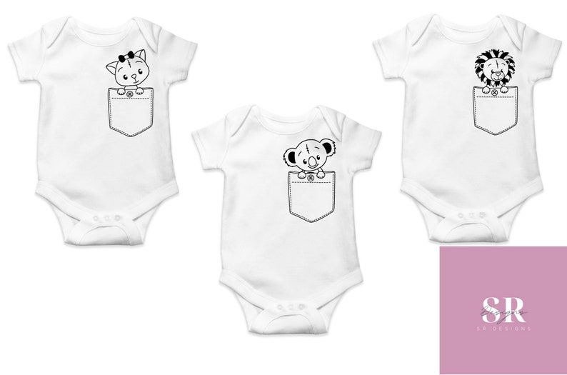 May include: Three white baby onesies with different animal designs in the pocket. The onesies have short sleeves and popper fastenings. The animals are a cat, a koala, and a lion.