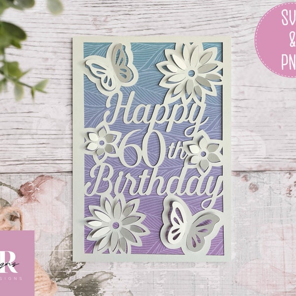 SVG: ‘pop up’/ 3D Happy 60th Birthday card. Birthday card svg. Pop up flowers. Pop up butterfly. Pop up SVG. 3D card svg. Cricut card