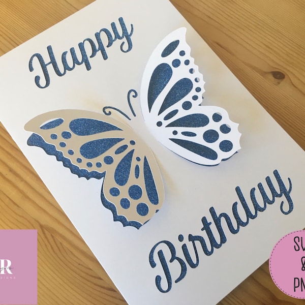 SVG: 3D/ ‘pop up’ Butterfly Birthday card digital download. Happy birthday. Pop up card. Pop up flowers. Butterfly card. SVG/PNG.
