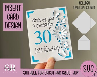 SVG: 30th Birthday insert card. Cricut friendly. Draw and cut card design. Envelope template included. Cricut Joy Birthday card SVG
