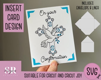 May include: A white card with a blue and white cross and a dove with an olive branch. The card says "On your Confirmation". The card is suitable for Cricut and Cricut Joy. The image also shows a white envelope and liner.