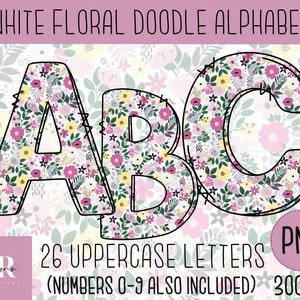 PNG: Floral Doodle Alphabet. 26 letters. Doodle alphabet. Printing. Sublimation. Spring flowers. Floral alphabet clipart. PNG 300 DPI