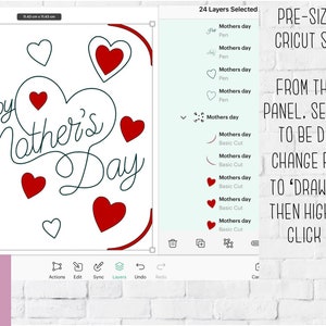 May include: A digital design for a Mother's Day card with the text "Happy Mother's Day" in a cursive font. The design includes a large heart shape with smaller hearts scattered around it. The design is pre-sized to fit Cricut S40 cards.