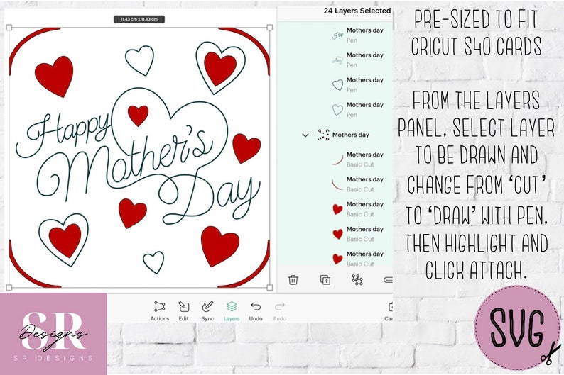 May include: A digital design for a Mother's Day card with the text "Happy Mother's Day" in a cursive font. The design includes a large heart shape with smaller hearts scattered around it. The design is pre-sized to fit Cricut S40 cards.
