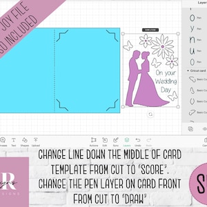 May include: A digital design for a wedding card, featuring a light blue card template and a purple graphic of a couple, flowers, and butterflies. Text reads "On your Wedding Day." The design includes instructions for Cricut machines.