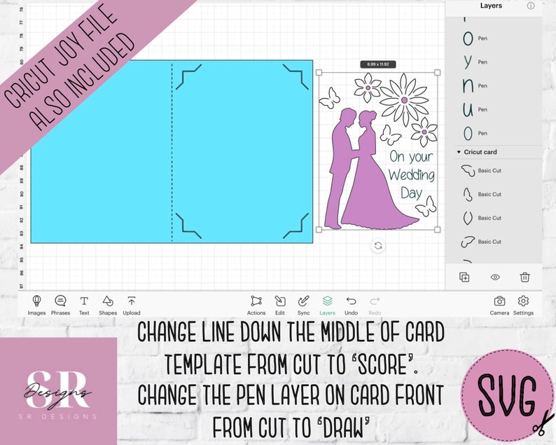 May include: A digital design for a wedding card, featuring a light blue card template and a purple graphic of a couple, flowers, and butterflies. Text reads "On your Wedding Day." The design includes instructions for Cricut machines.