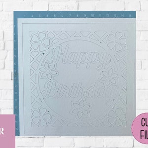 Op de afbeelding: Een digitaal snijbestand voor een Happy Birthday kaart met een decoratieve rand van bloemen en een cirkel met de tekst "Happy Birthday" erin. Het bestand is bedoeld voor gebruik met een snijmachine.
