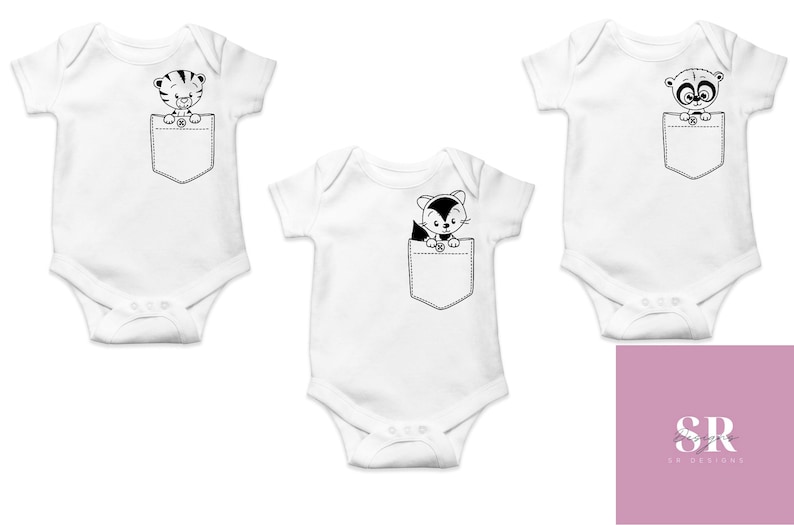 May include: Three white baby onesies with different animal designs in the pocket. The animals are a tiger, a cat, and a raccoon.