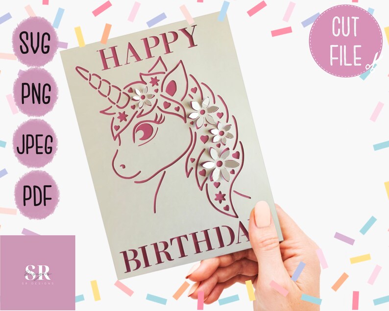 May include: A pink and white unicorn birthday card with the words "Happy Birthday" on the front. The unicorn has a flower crown and a pink heart on its nose.