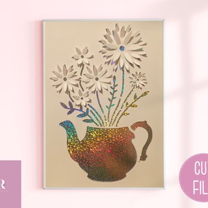 SVG: 3D flowers in a teapot. Digital download. Paper cutting. Pop up svg. 3d svg.