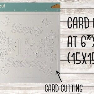 May include: A white card with the text "Happy 18th Birthday" cut out in a decorative font. The card is surrounded by cut-out butterflies and flowers. The card is 6 inches by 6 inches (15 cm x 15 cm).