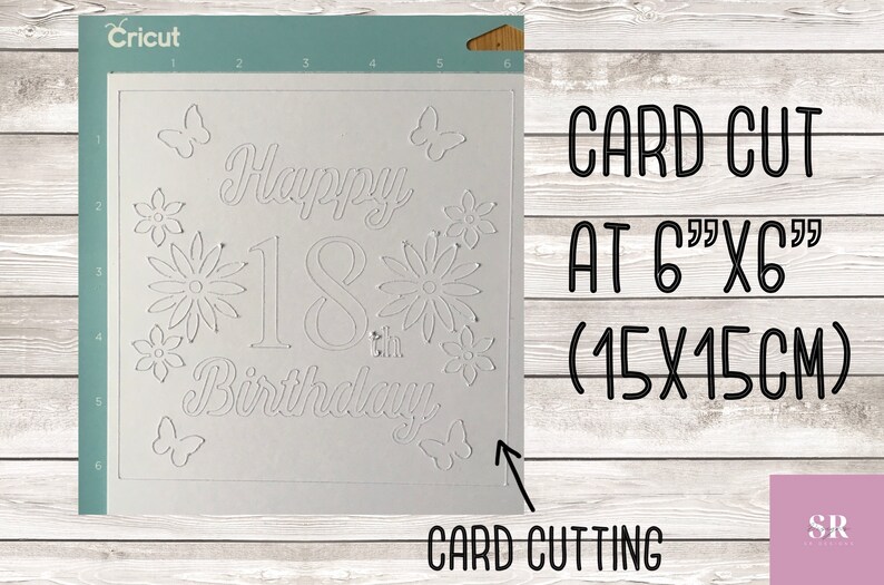 May include: A white card with the text "Happy 18th Birthday" cut out in a decorative font. The card is surrounded by cut-out butterflies and flowers. The card is 6 inches by 6 inches (15 cm x 15 cm).