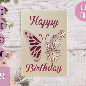SVG: 3D/ ‘pop up’ Butterfly Birthday card digital download. Happy birthday. Pop up card. Pop up flowers. Butterfly card. SVG/PNG/Jpeg/Pdf