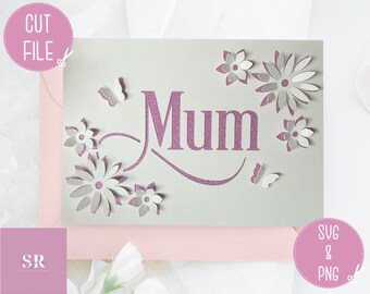 May include: A white card with a purple glitter 'Mum' design and cut-out flowers and butterflies. The card is on a pink background.