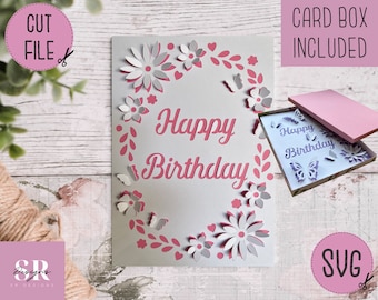 SVG: Birthday card digital download. Happy birthday. Pop up card. Pop up flowers. 3D butterfly.