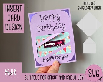 May include: Purple card with a cut-out window for a gift card. The card says "Happy Birthday" and "A gift for you". It includes a matching envelope and liner.