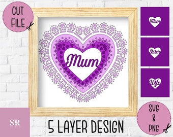 SVG: scatola di ombre del cuore a strati 3D. Cuore a strati svg. Cuore mandala. 5 strati. File di taglio a strati. Scheda cuore svg. 3D Valentine svg. SVG/PNG.
