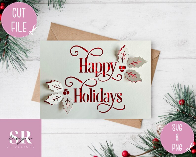 Puede incluir: Una tarjeta blanca con letras rojas que dice "Happy Holidays" con un dise&ntilde;o de hoja de acebo roja.