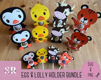 May include: A set of printable SVG and PNG files for creating egg and lolly holders. The designs feature a penguin, a chick, a cow, and a tiger. The holders are designed to hold a Kinder egg or a lolly.
