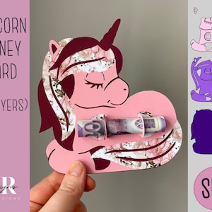SVG: Unicorn Birthday money card. Cricut Joy amichevole. Taglia e disegna la carta. Portavalute svg. Biglietto di compleanno svg. Money card svg.