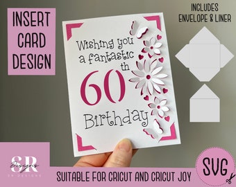 SVG: 60th Birthday insert card. Cricut friendly. Draw and cut card design. Envelope template included. Cricut Joy Birthday card SVG
