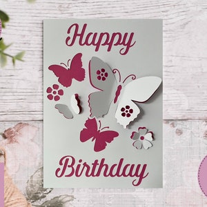 SVG: 3D/ ‘pop up’ Butterfly Birthday card digital download. Happy birthday. Pop up card. Pop up flowers. Butterfly card. SVG/PNG.