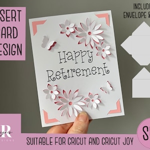 SVG : carte à insérer pour la retraite. Compatible avec la Cricut. Dessinez et découpez un modèle de carte. Modèle d'enveloppe inclus. Carte Cricut Joy retraite SVG