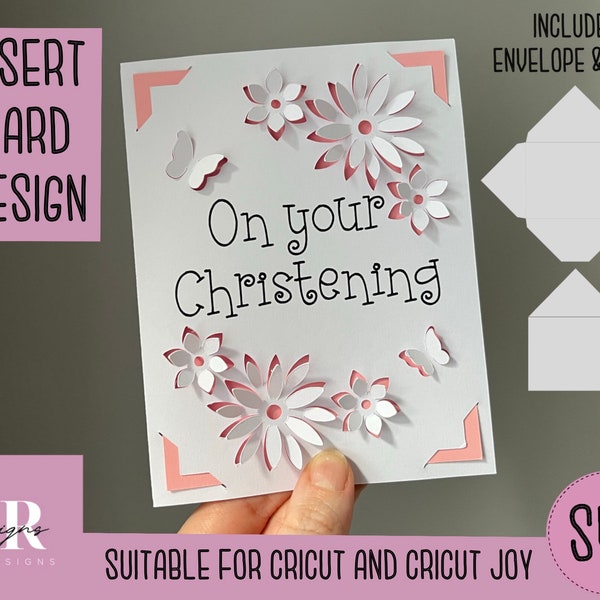 SVG: Christening insert card. Cricut Joy friendly. Draw and cut card design. Envelope template included. Cricut Joy christening card SVG