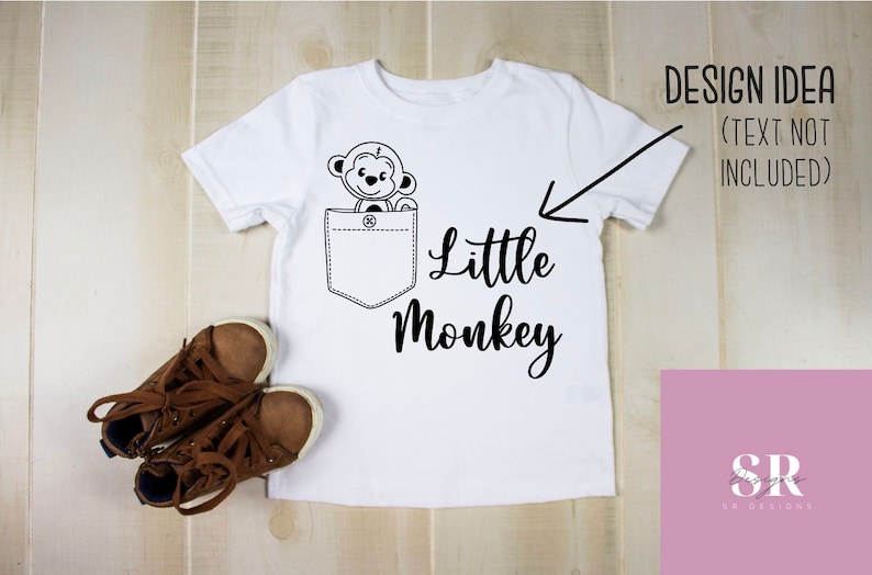 May include: White t-shirt with a black and white cartoon monkey in the pocket and the text "Little Monkey" below the pocket.