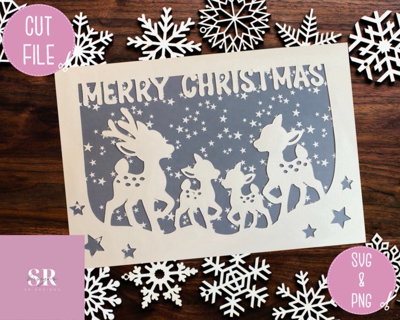 May include: A white card with a gray background featuring the text "Merry Christmas" and a silhouette of four deer with white stars on the gray background.