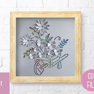 SVG: ‘pop up’/ 3D bunch of flowers in a wheelbarrow. Digital download. Paper cutting. Gardener cut file. Floral pop ups.