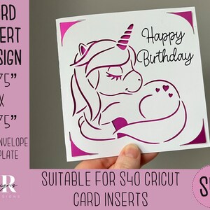 SVG: Geburtstag Einhorn Einhorn Einlegekarte. Cricut S40 Einlegekarte. Geburtstagskarte svg. Quadratische Geburtstagskarte. Geburtstagskarte Vorlage und Briefumschlag.