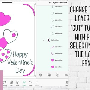 May include: A pink and white Valentine's Day card with a design of hearts and the text "Happy Valentine's Day". The card is shown in a design program with a panel showing the layers of the design.
