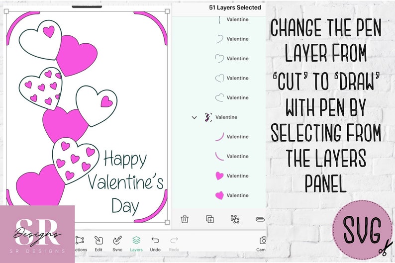 May include: A pink and white Valentine's Day card with a design of hearts and the text "Happy Valentine's Day". The card is shown in a design program with a panel showing the layers of the design.