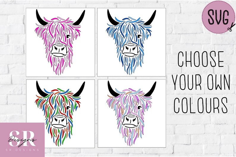 Puede incluir: Cuatro variaciones de color diferentes de una silueta de cabeza de vaca Highland. El pelaje de la vaca est&aacute; formado por l&iacute;neas estilizadas. Los colores son rosa, azul, verde y morado.