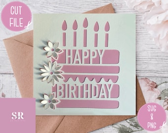 SVG: 3D Birthday cake card. Happy birthday. Floral card. Birthday card svg. Happy birthday svg. birthday cake card svg. SVG/PNG