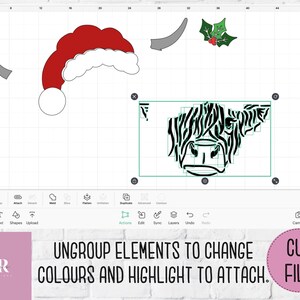 K&ouml;nnte beinhalten: Ein digitales Design mit einem schwarz-wei&szlig;en Highland-Rinderkopf mit einem rot-wei&szlig;en Weihnachtsmann-Hut, einem gr&uuml;nen Stechpalmenzweig mit roten Beeren und zwei grauen H&ouml;rnern. Das Design ist auf einem wei&szlig;en Hintergrund mit einem Raster.